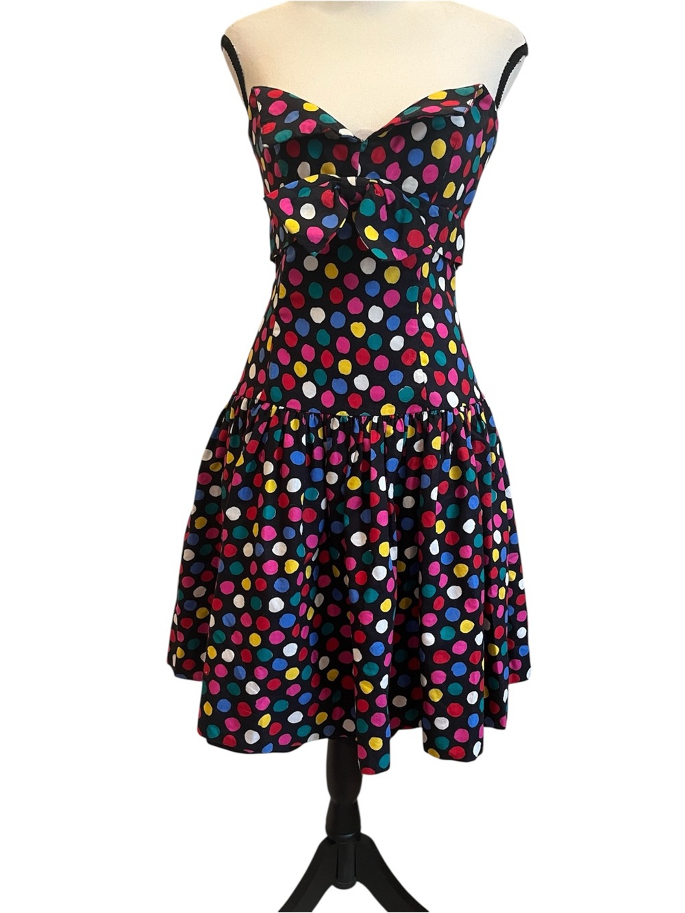Victor Costa Black Multicolor Polka Dot Strapless Sundress Bow Vintage 80s Small